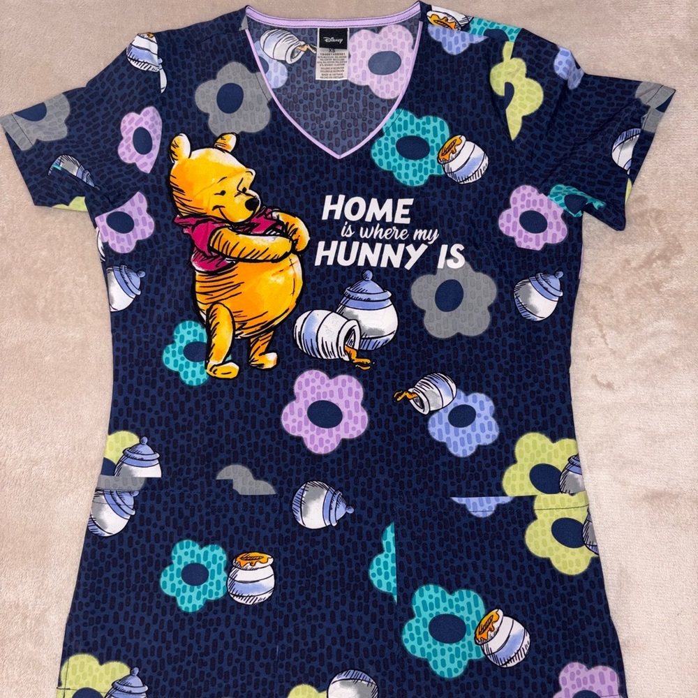 Tooniforms Disney's Home & Hunny Winnie the Pooh Women's 3-Pocket Scrub Top